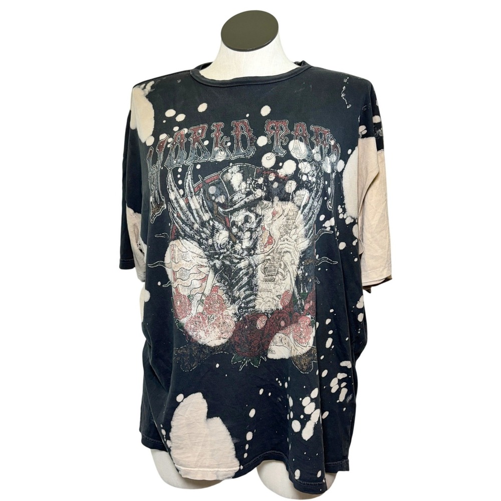 Modish Rebel Women Black Bleach Distressed Skeleton Guitar Graphic T Large